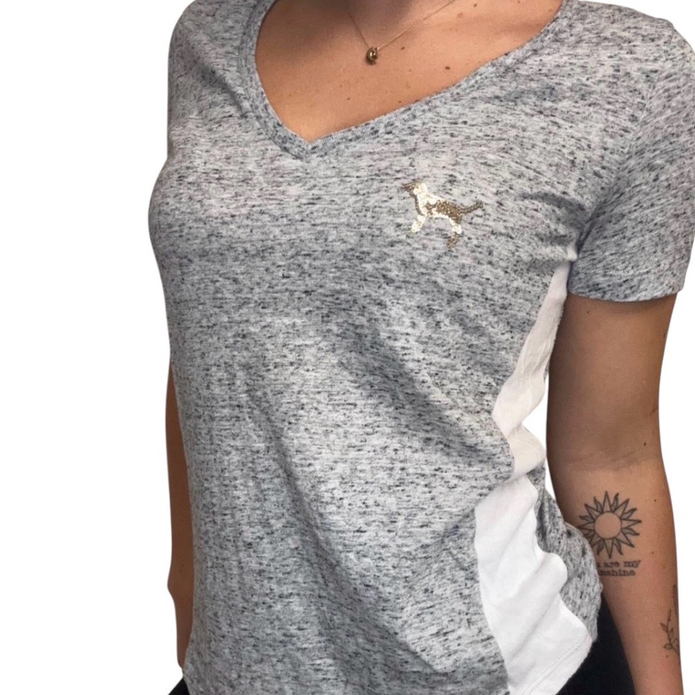 PINK Victoria's Secret Heather Gray V-Neck Tee with Gold Dog Accent